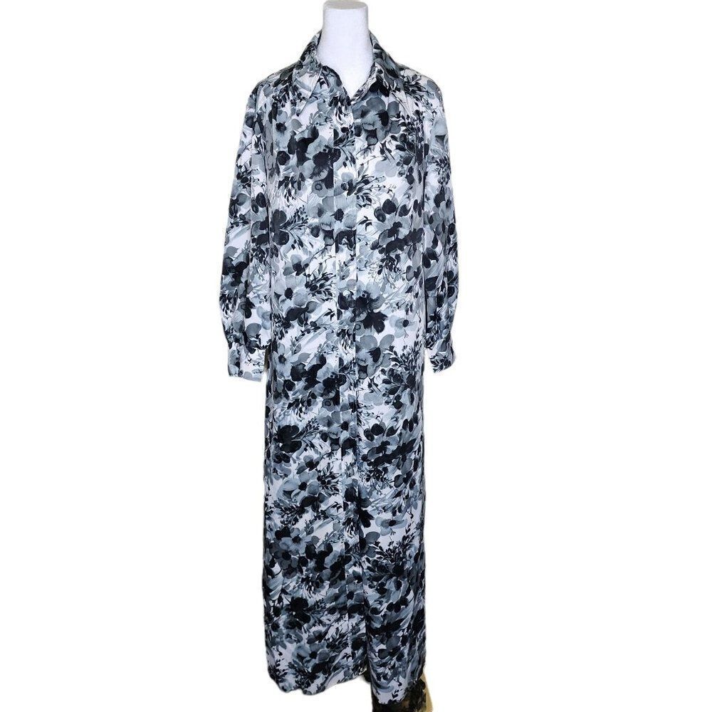 Vintage 70s Shirt Dress Womens Size XL Black White Floral Maxi Dagger Collar